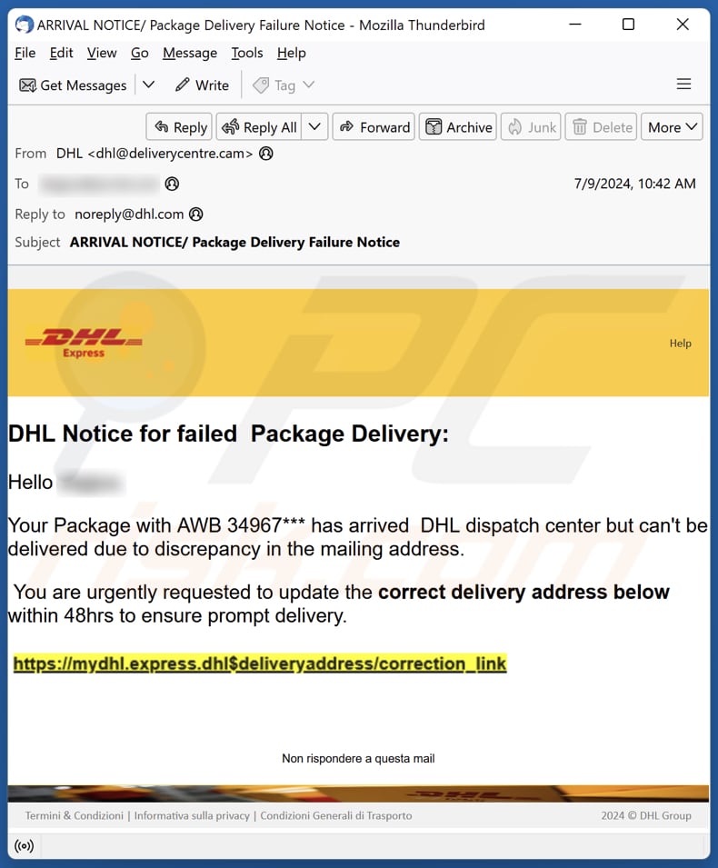 DHL - Notice For Failed Package Delivery campagna di spam via e-mail