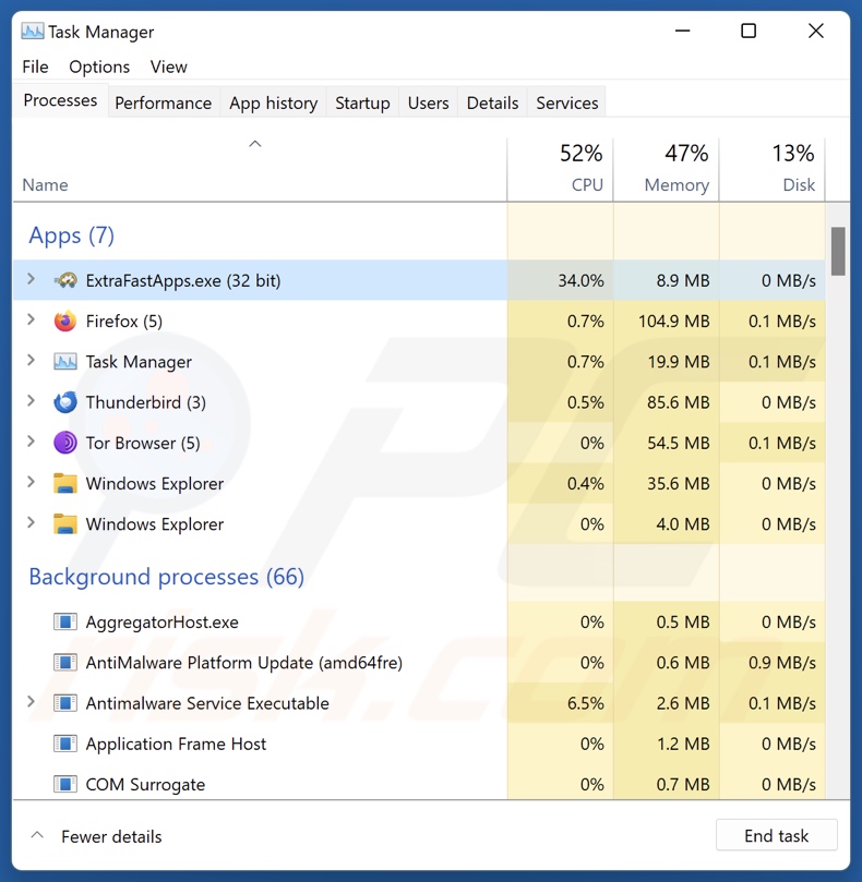 Processo ExtraFastApps PUA in Task Manager (ExtraFastApps.exe - nome del processo)