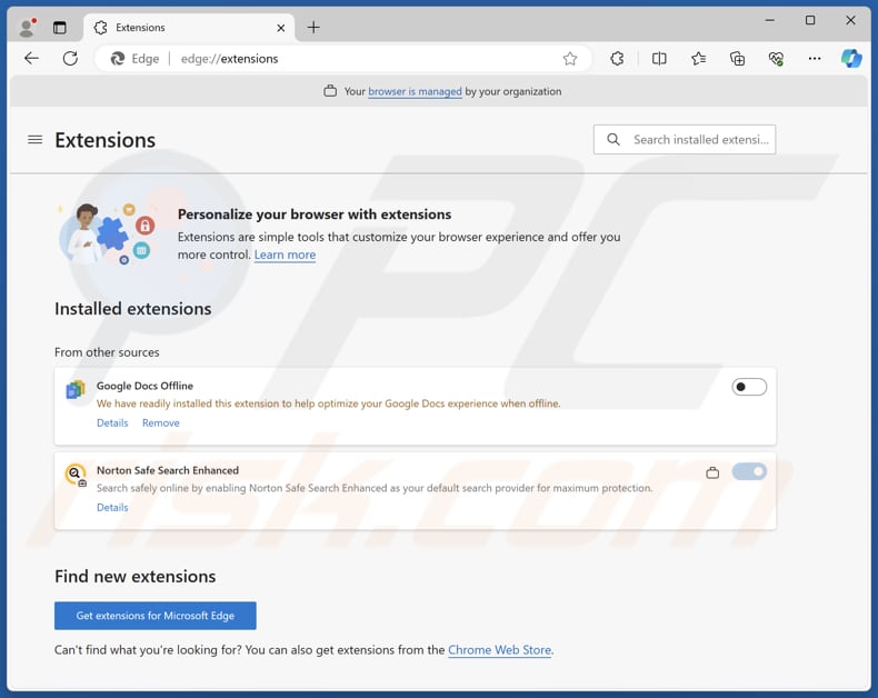 Estensione falsa Norton Safe Search Enhanced sul browser Edge