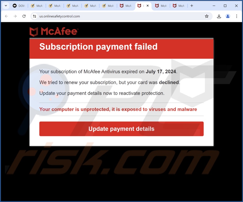 McAfee - Subscription Payment Failed truffa