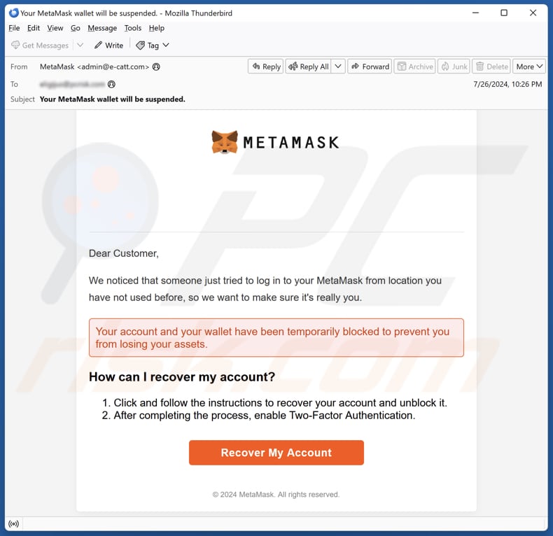 MetaMask Log-In Attempt campagna di spam via e-mail