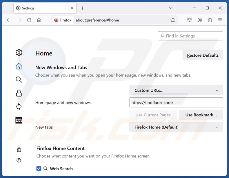 Rimozione del dirottatore del browser Microsoft Edge dalla homepage di Mozilla Firefox