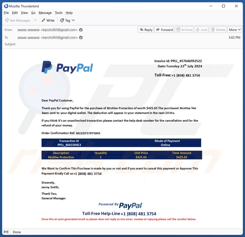 PayPal Order Confirmation campagna di spam via e-mail