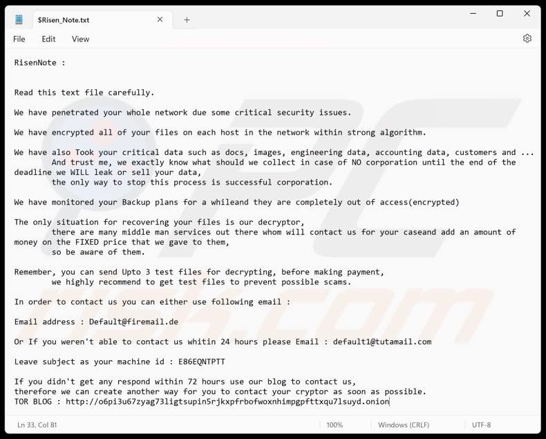File di testo del ransomware Risen ($Risen_Note.txt)