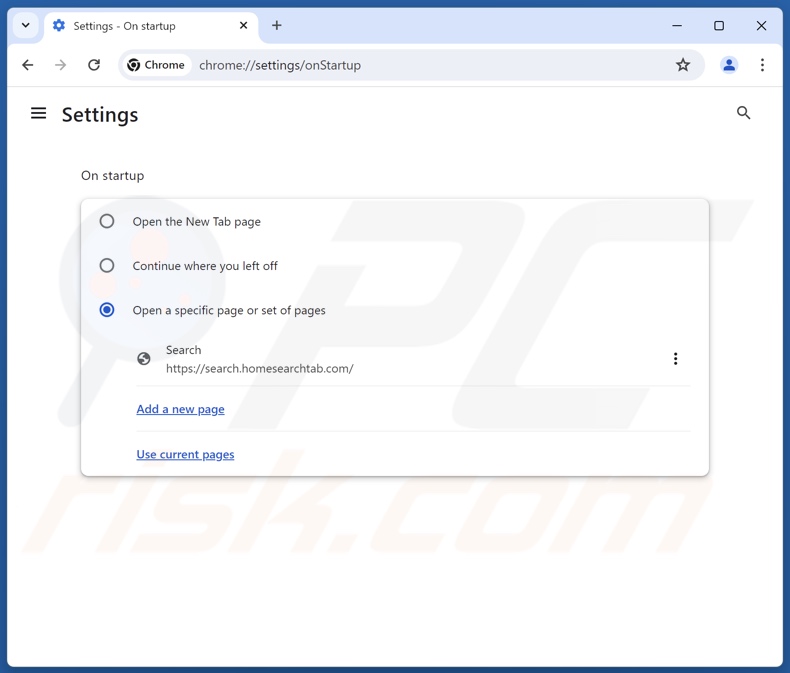 Rimozione di search.homesearchtab.com dalla homepage di Google Chrome