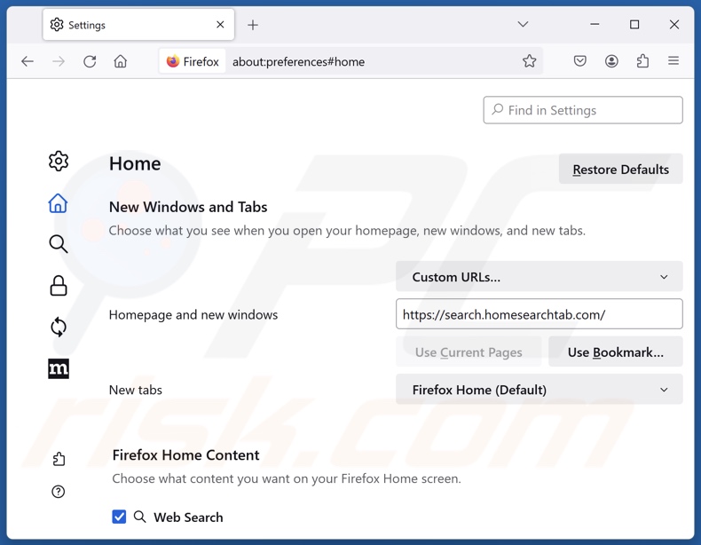 Rimozione di search.homesearchtab.com dalla homepage di Mozilla Firefox