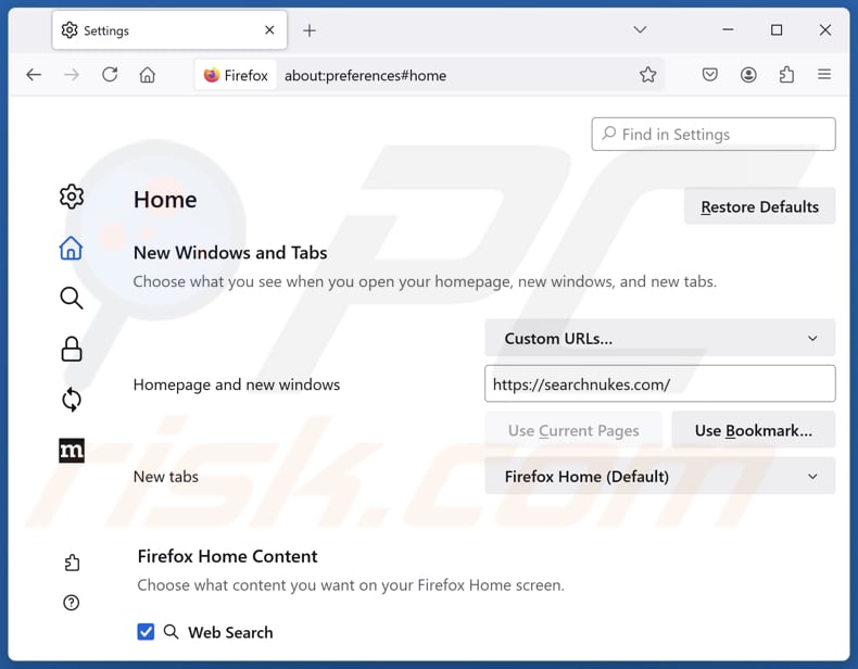 Rimozione di searchnukes.com dalla homepage di Mozilla Firefox