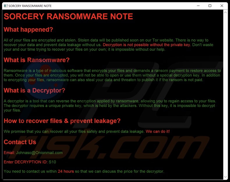 Sorcery ransomware nota di riscatto (README.hta)