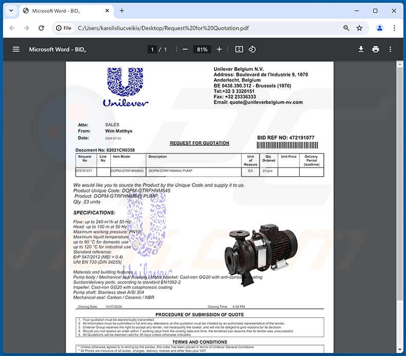 File PDF distribuito tramite la truffa via e-mail UNILEVER (2024-07-01)