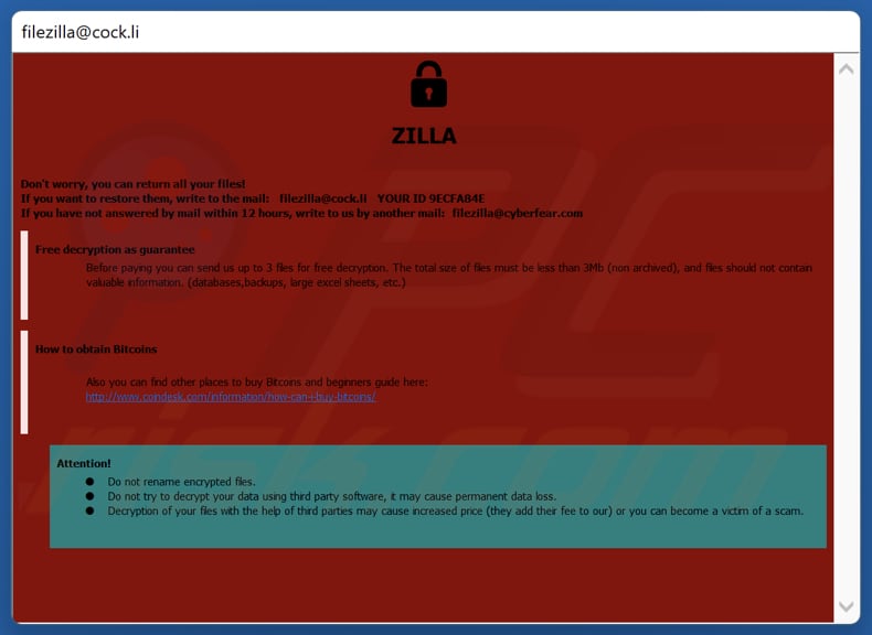 ZILLA ransomware nota di riscatto (pop-up window)