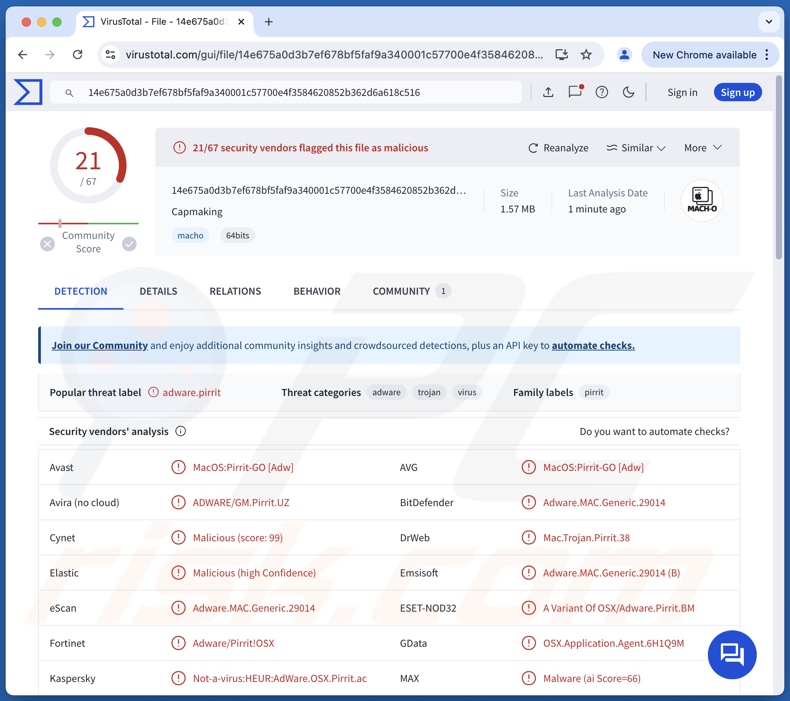 Rilevamenti dell'adware Capmaking.app su VirusTotal