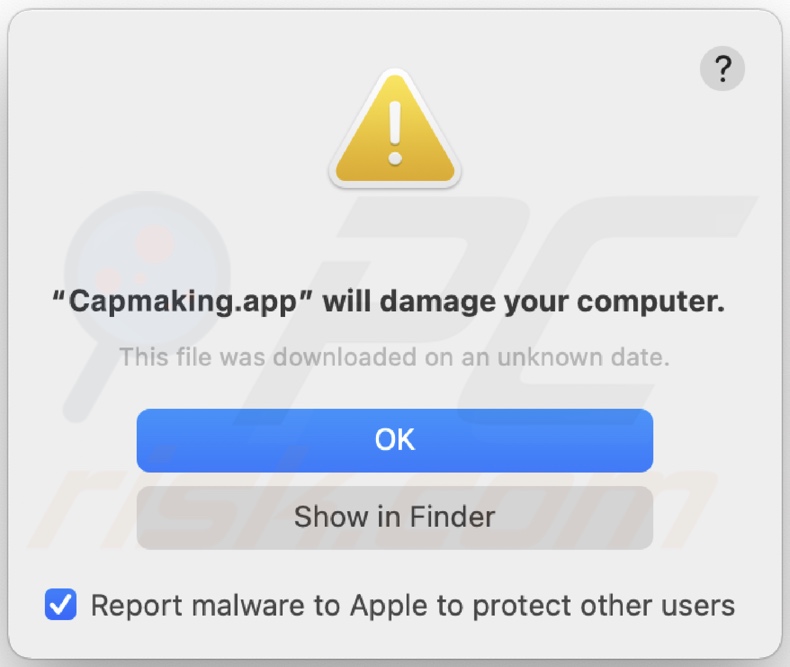 Pop-up visualizzato quando l'adware Capmaking.app viene rilevato nel sistema