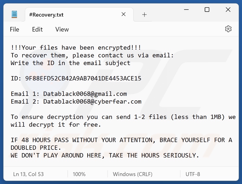 Datablack ransomware nota di riscatto (#Recovery.txt)