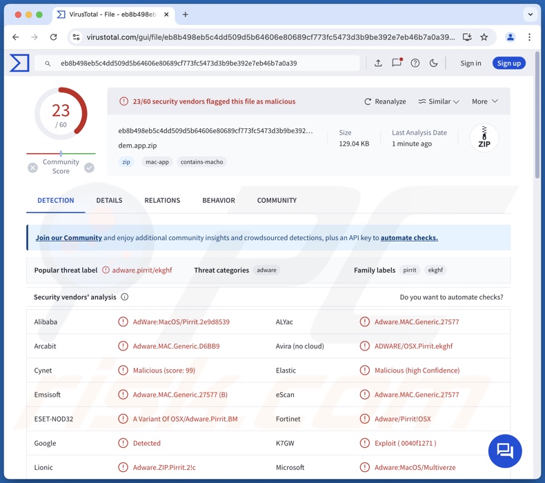 Rilevamenti di Dem.app adware su VirusTotal