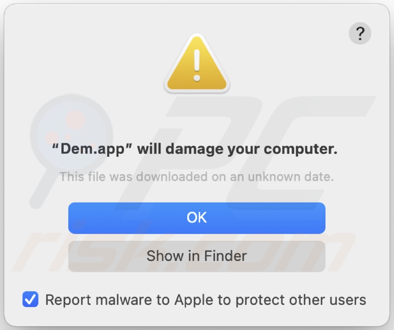 Pop-up visualizzato quando l'adware Dem.app viene rilevato nel sistema