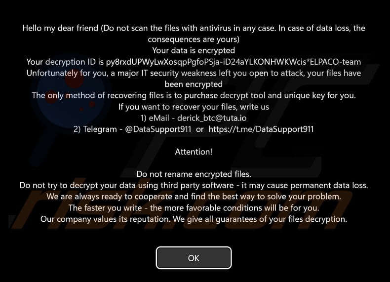 ELPACO-team ransomware pop-up