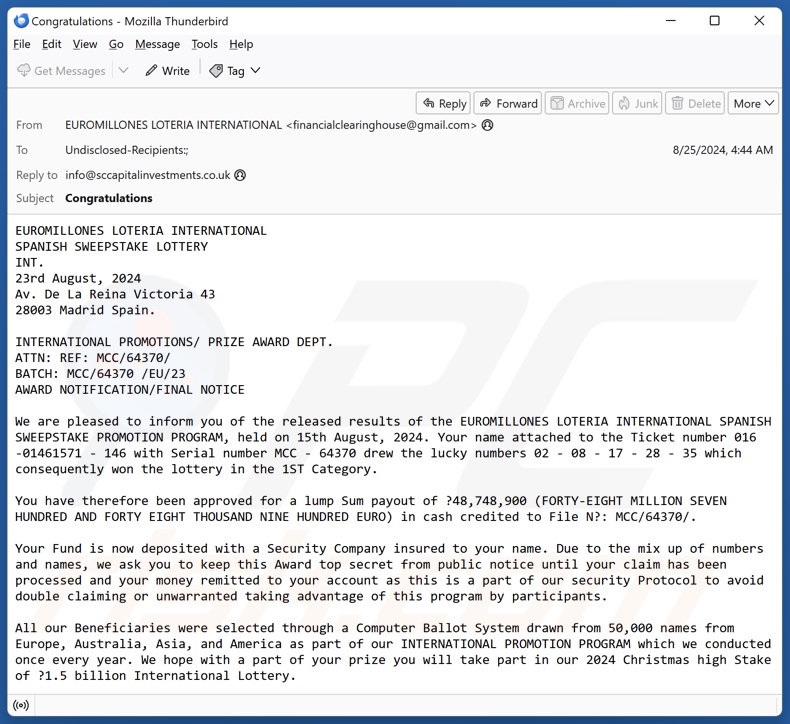 EUROMILLONES LOTERIA INTERNATIONAL campagna di spam via e-mail