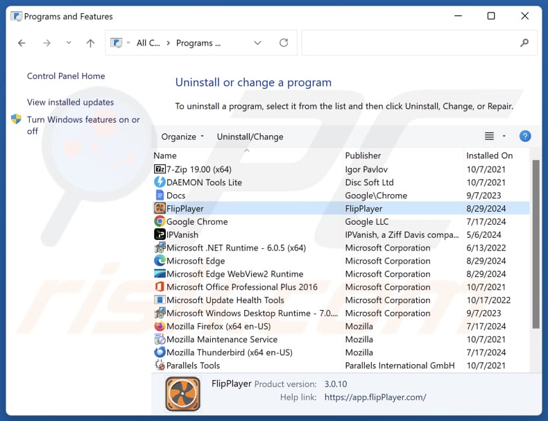 FlipPlayer si disinstalla tramite il Pannello di controllo