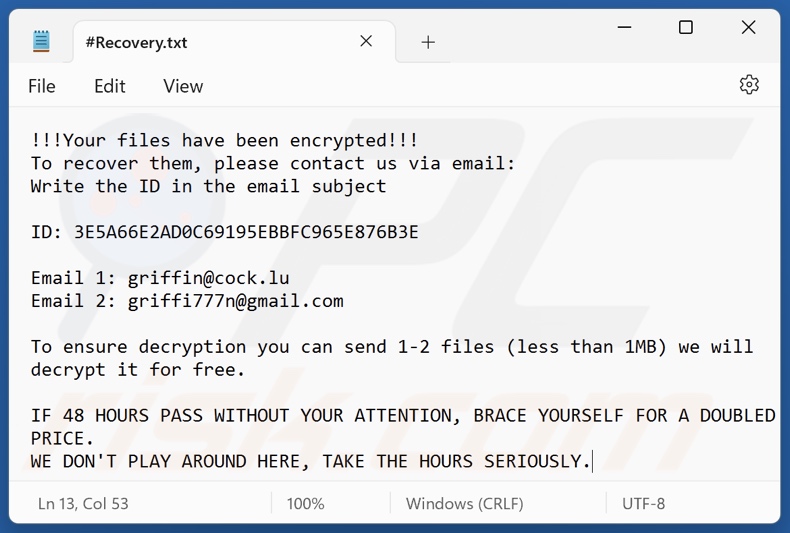 Griffin ransomware nota di riscatto (#Recovery.txt)