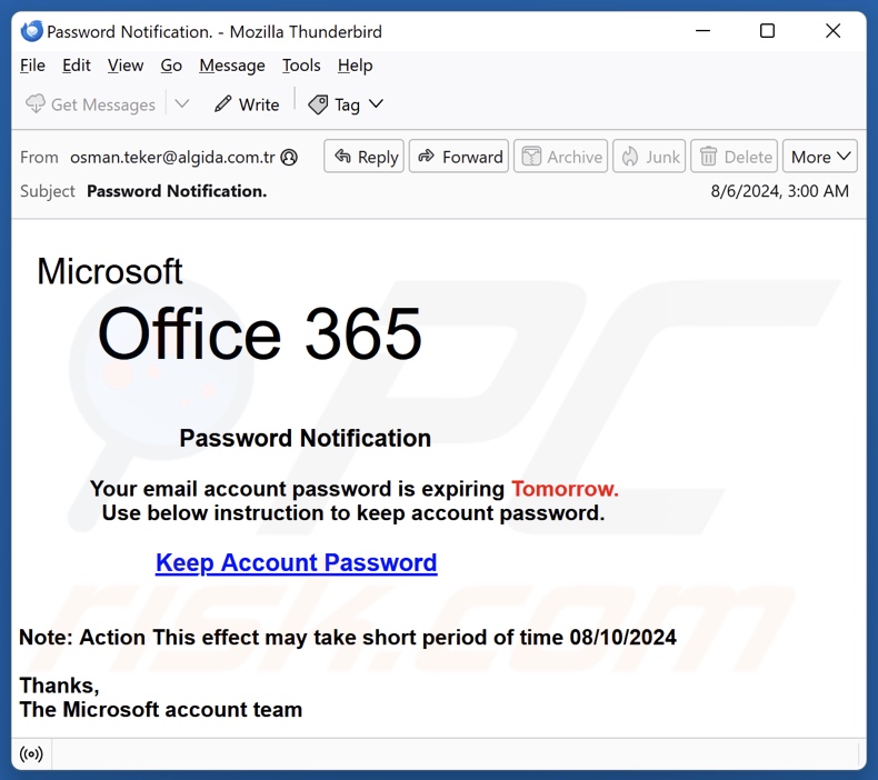 Microsoft Office 365 - Password Notification campagna di spam via e-mail