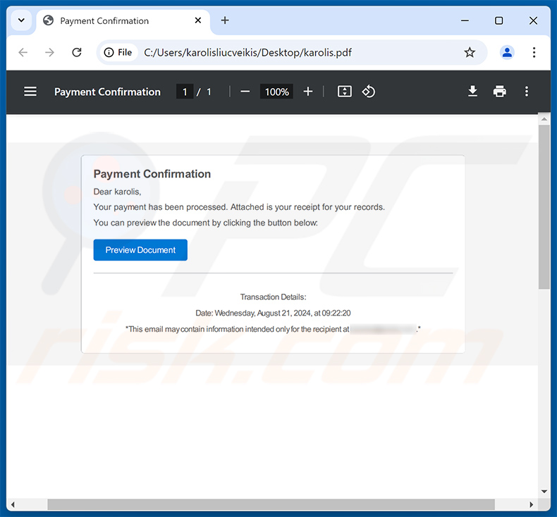 Documento PDF ingannevole distribuito tramite e-mail truffa di conferma del pagamento (2024-08-27)