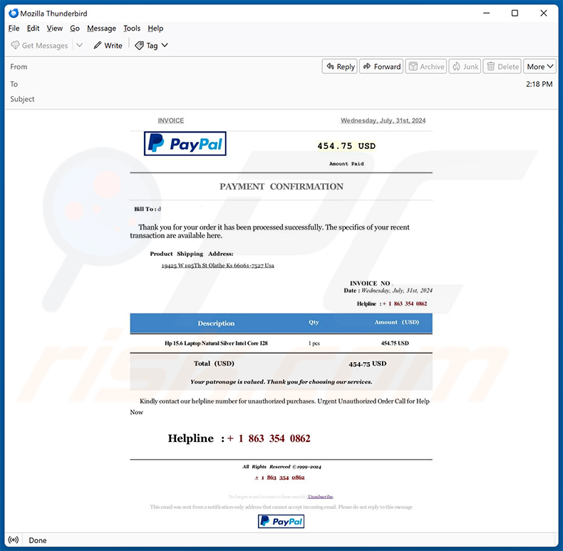 PayPal Order Confirmation email truffa (2024-08-06)