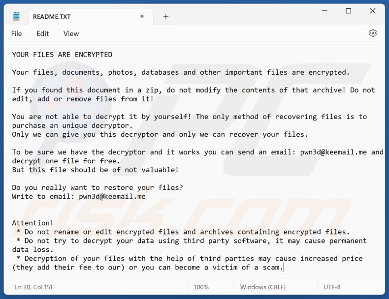 Pwn3d ransomware file di testo (README.txt)