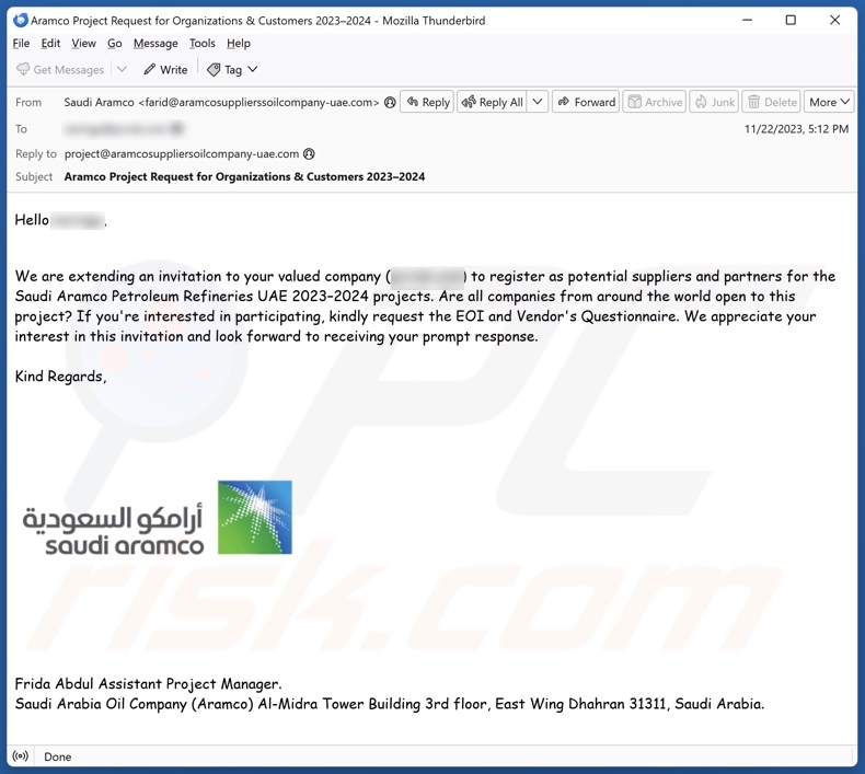 Saudi Aramco variante di e-mail truffa 1