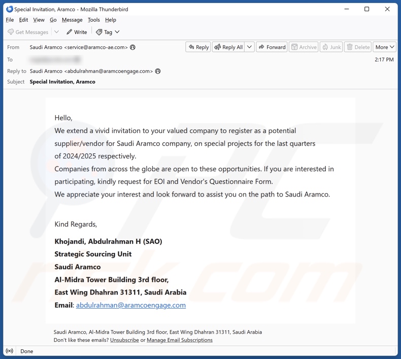 Saudi Aramco versione e-mail truffa 2