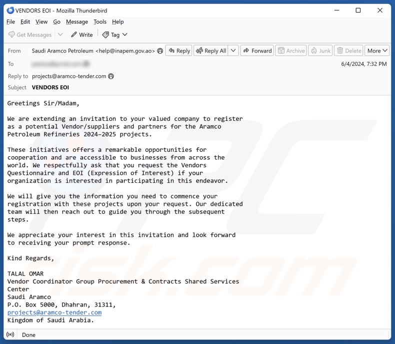 Saudi Aramco versione e-mail truffa 3