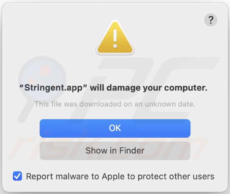 Pop-up visualizzato quando l'adware Stringent.app viene rilevato nel sistema