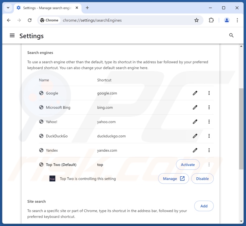 Rimozione di toptosearch.com dal motore di ricerca predefinito di Google Chrome