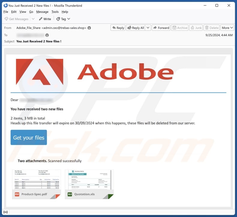 Adobe - You Have Received New Files campagna di spam via e-mail