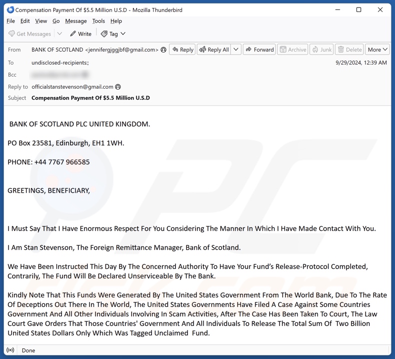 Bank Of Scotland campagna di spam via e-mail