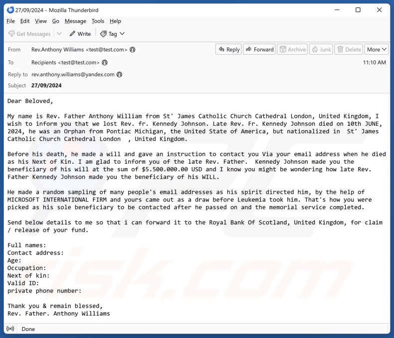 Beneficiary Of Will campagna di spam via e-mail