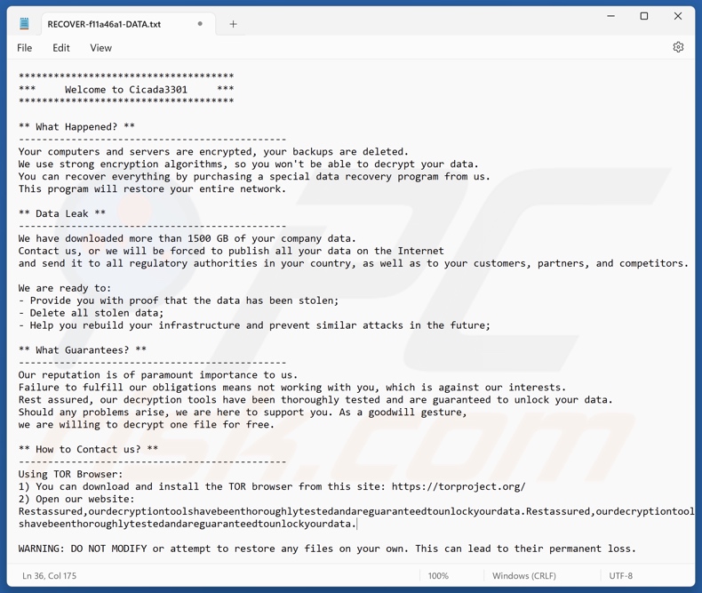 Cicada 3301 ransomware nota di riscatto (RESTORE-[file_extension]-DATA.txt)
