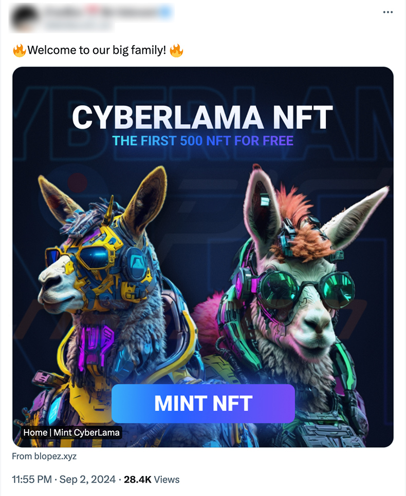 X (Twitter) post che promuove la truffa CyberLama Mint