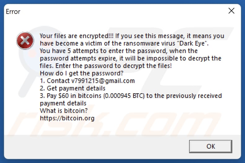 Dark Eye ransomware errore pop-up nota di riscatto