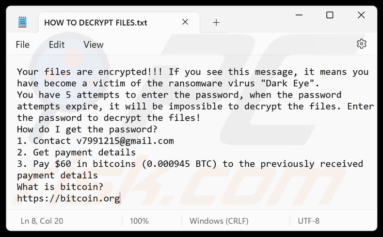 File di testo del ransomware Dark Eye (HOW TO DECRYPT FILES.txt)