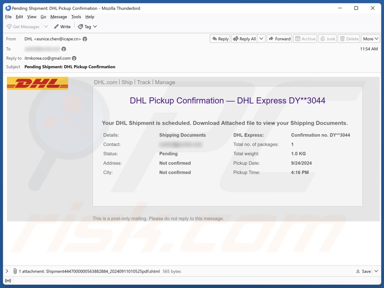 DHL Pickup Confirmation campagna di spam via e-mail