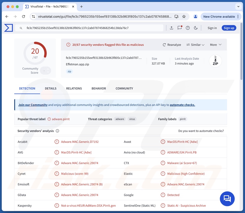 Effetman.app rilevamenti di adware su VirusTotal