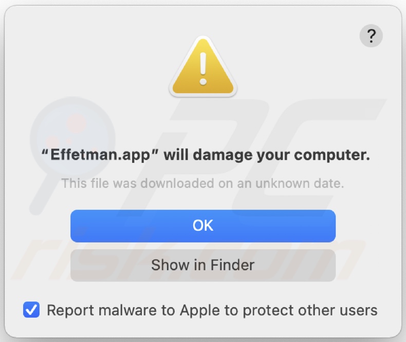 Pop-up visualizzato quando l'adware Effetman.app viene rilevato nel sistema