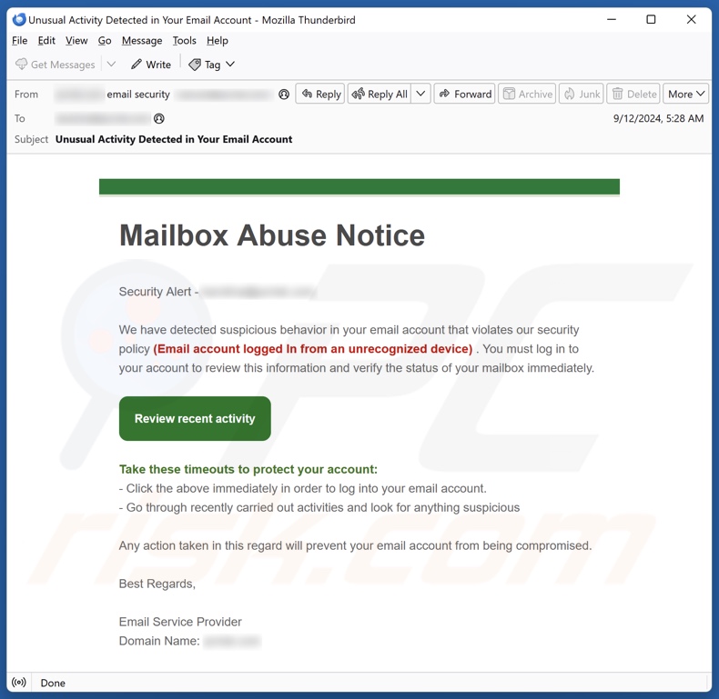 Mailbox Abuse Notice campagna di spam via e-mail