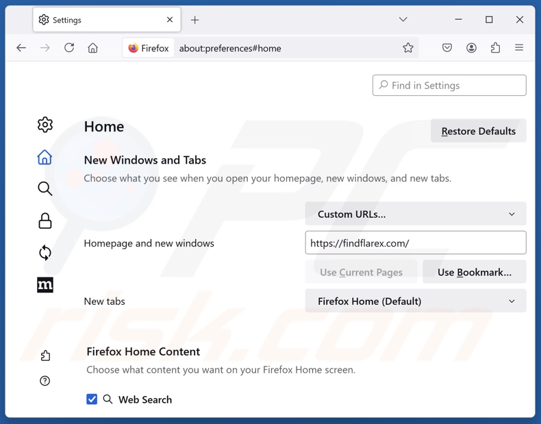 Rimozione di findflarex.com dalla homepage di Mozilla Firefox