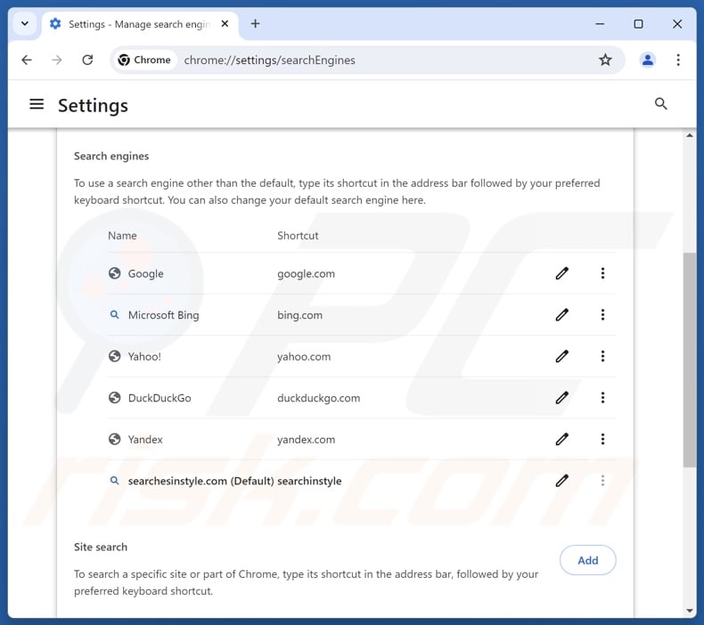 Rimozione di searchesinstyle.com dal motore di ricerca predefinito di Google Chrome