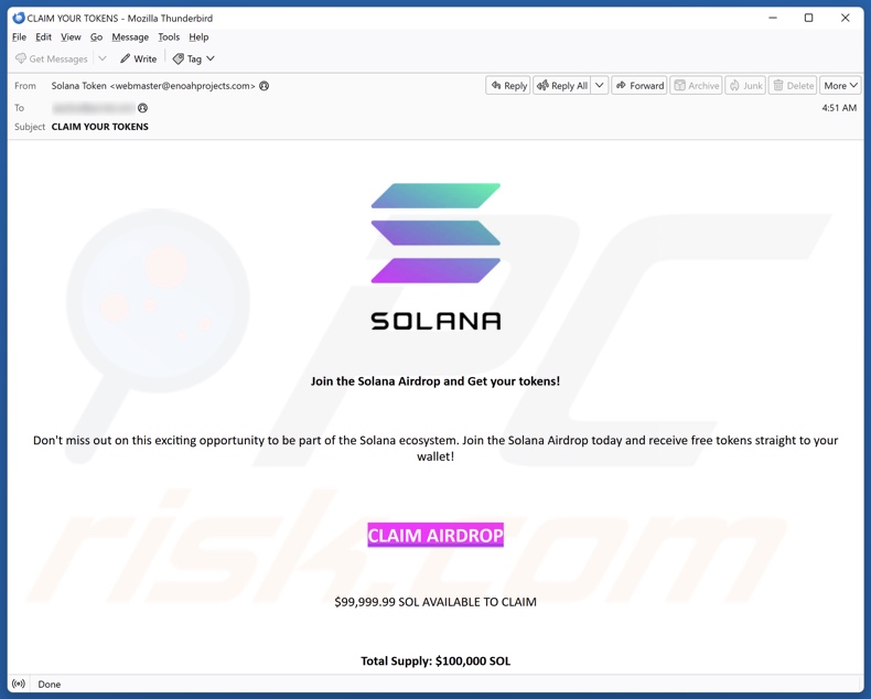 Apparizione di un'e-mail di spam che avalla questa truffa di Solana Giveaway