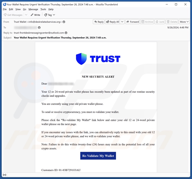 Trust Wallet - New Security Alert campagna di spam via e-mail