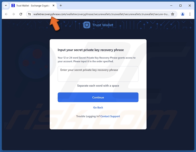 Trust Wallet - New Security Alert e-mail truffa promossa sito di phishing