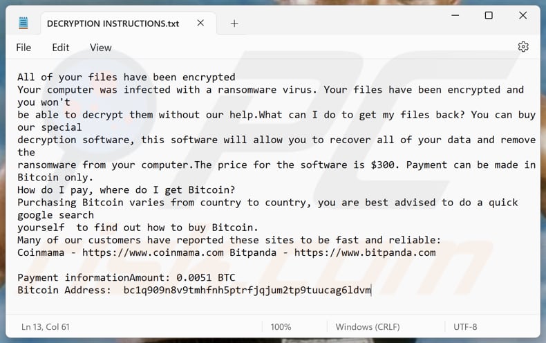 File di testo del ransomware Tyson (DECRYPTION INSTRUCTIONS.txt)