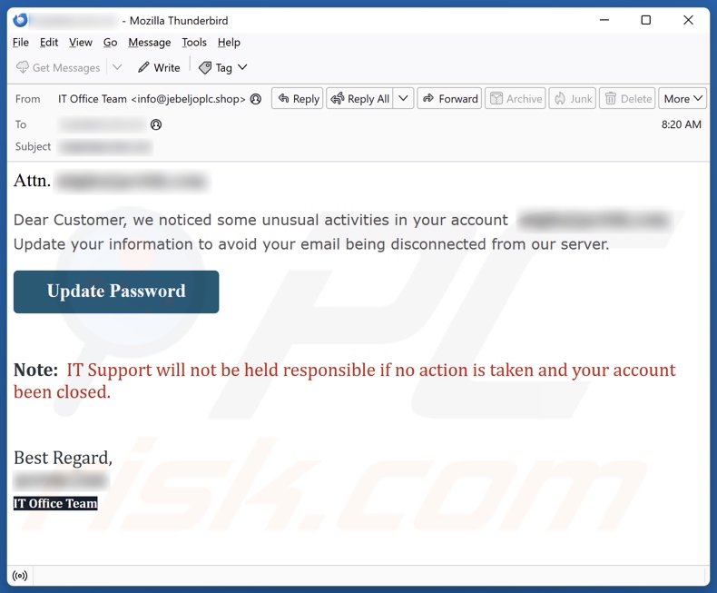 Unusual Activities In Your Account campagna di spam via e-mail